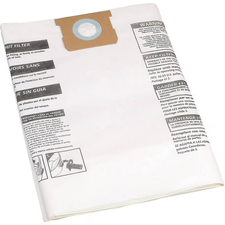 A folded white Type G - Shop-Vac® 15-22 Gallon* Disposable Filter Bag by SHOP-VAC features a brown cardboard collar, blue filter, and black multilingual instructions on the front; designed for use with 15-22 gallon vacuums.